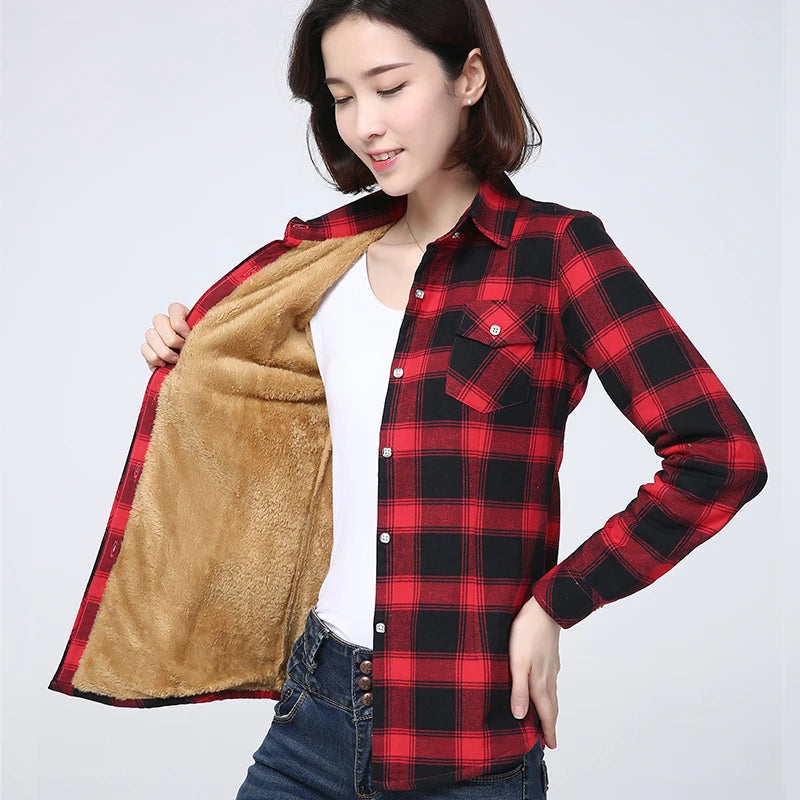 2025 Winter New Plus Thick Women's Warm Plaid Shirt Coat Lady Casual Fleece Velvet Jacket Tops Hot Women Clothes Outerwear