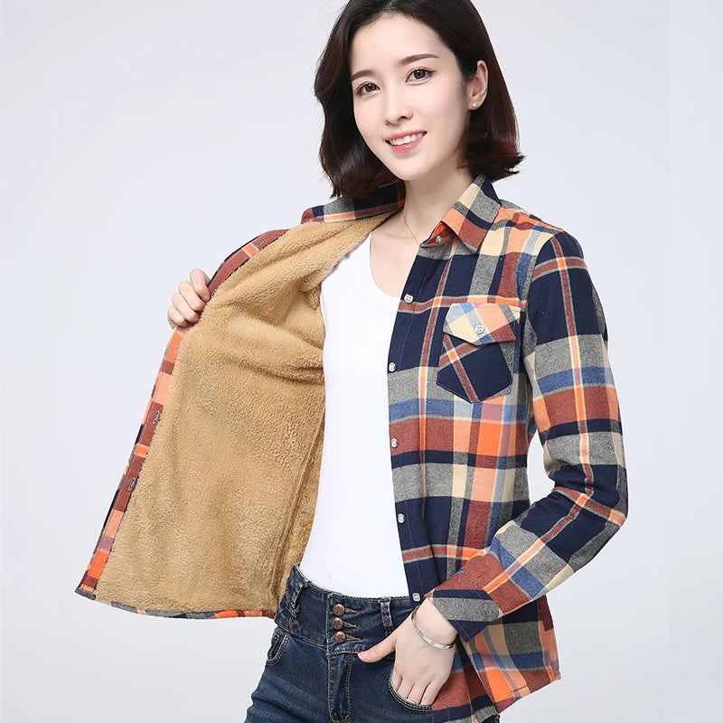 2025 Winter New Plus Thick Women's Warm Plaid Shirt Coat Lady Casual Fleece Velvet Jacket Tops Hot Women Clothes Outerwear