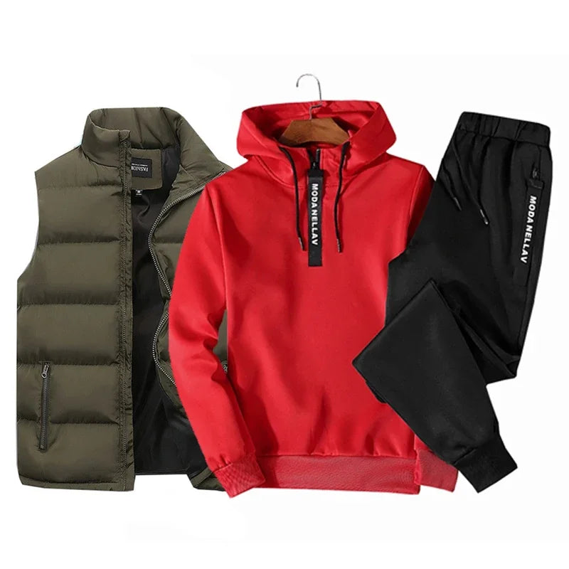 Mens Tracksuit Suits Half zip Hooded Sweatshirt+Waterproof Down Vest+Sweatpants 3 Piece