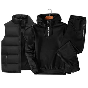 Mens Tracksuit Suits Half zip Hooded Sweatshirt+Waterproof Down Vest+Sweatpants 3 Piece