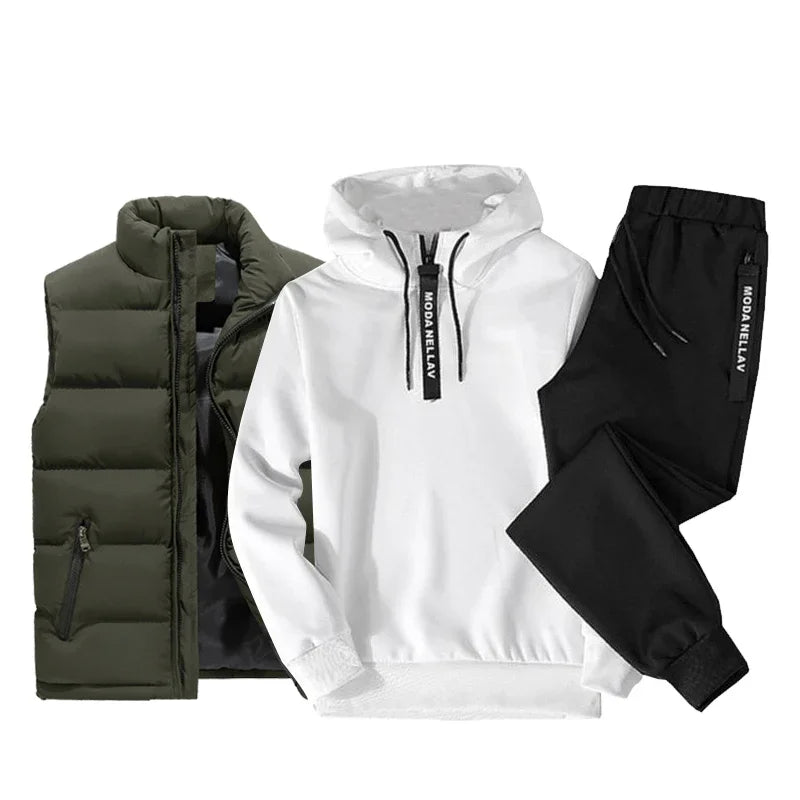 Mens Tracksuit Suits Half zip Hooded Sweatshirt+Waterproof Down Vest+Sweatpants 3 Piece