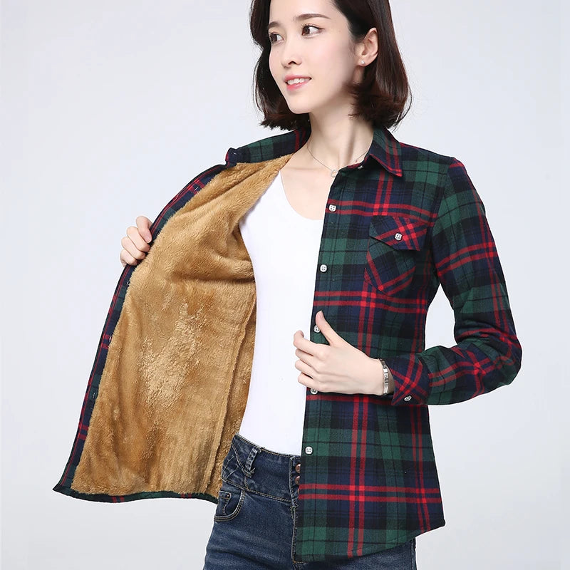 2025 Winter New Plus Thick Women's Warm Plaid Shirt Coat Lady Casual Fleece Velvet Jacket Tops Hot Women Clothes Outerwear