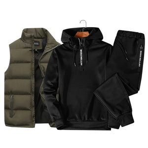 Mens Tracksuit Suits Half zip Hooded Sweatshirt+Waterproof Down Vest+Sweatpants 3 Piece