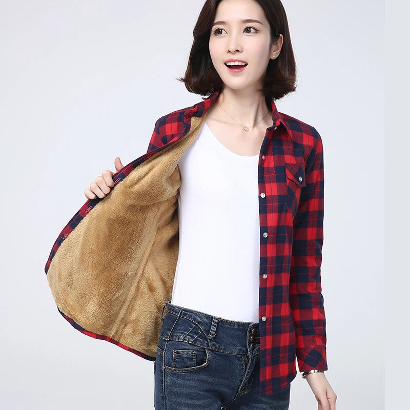 2025 Winter New Plus Thick Women's Warm Plaid Shirt Coat Lady Casual Fleece Velvet Jacket Tops Hot Women Clothes Outerwear