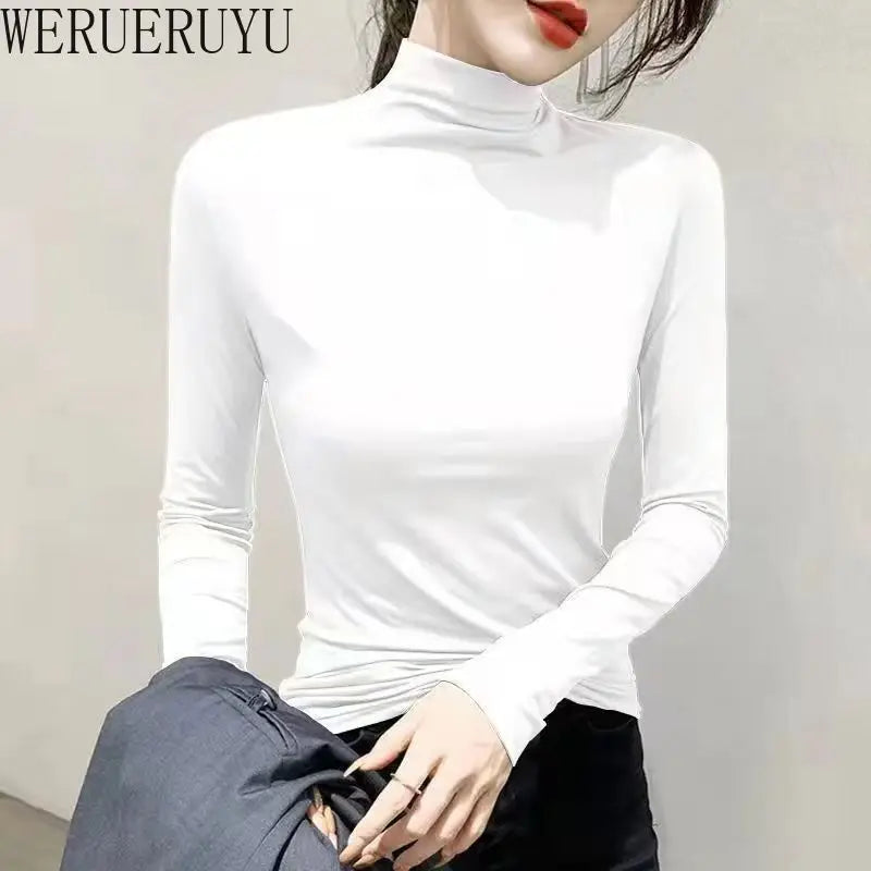 Black Turtleneck T-shirt Long Sleeve Tops Women Y2k Clothes Autumn Winter Korean Fashion Modal Elegant T-shirts for Women 2025