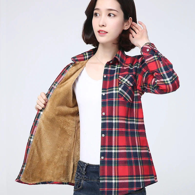 2025 Winter New Plus Thick Women's Warm Plaid Shirt Coat Lady Casual Fleece Velvet Jacket Tops Hot Women Clothes Outerwear