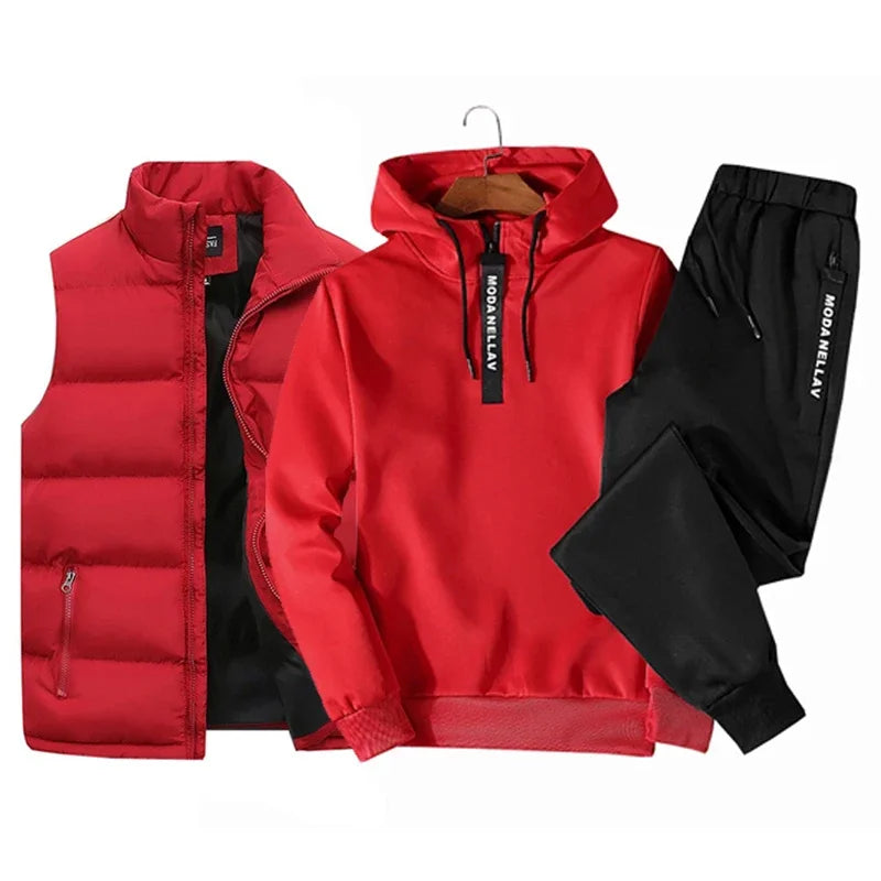 Mens Tracksuit Suits Half zip Hooded Sweatshirt+Waterproof Down Vest+Sweatpants 3 Piece