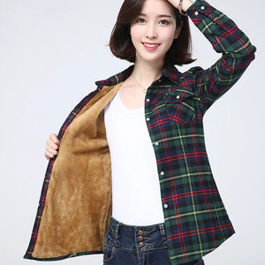 2025 Winter New Plus Thick Women's Warm Plaid Shirt Coat Lady Casual Fleece Velvet Jacket Tops Hot Women Clothes Outerwear