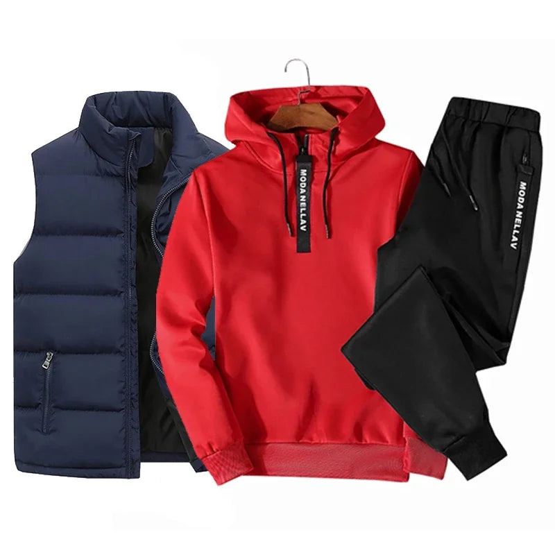 Mens Tracksuit Suits Half zip Hooded Sweatshirt+Waterproof Down Vest+Sweatpants 3 Piece