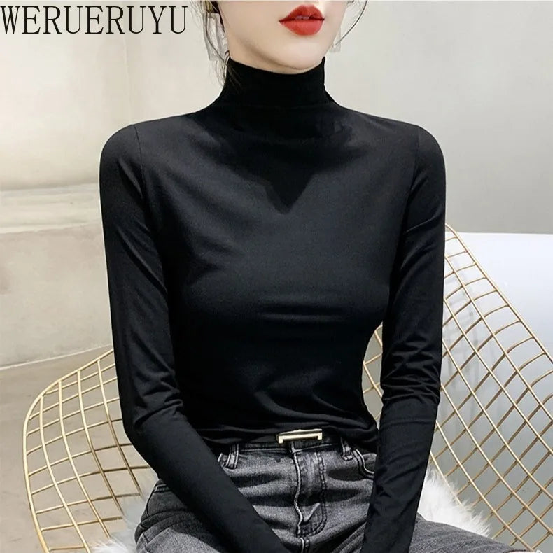 Black Turtleneck T-shirt Long Sleeve Tops Women Y2k Clothes Autumn Winter Korean Fashion Modal Elegant T-shirts for Women 2025