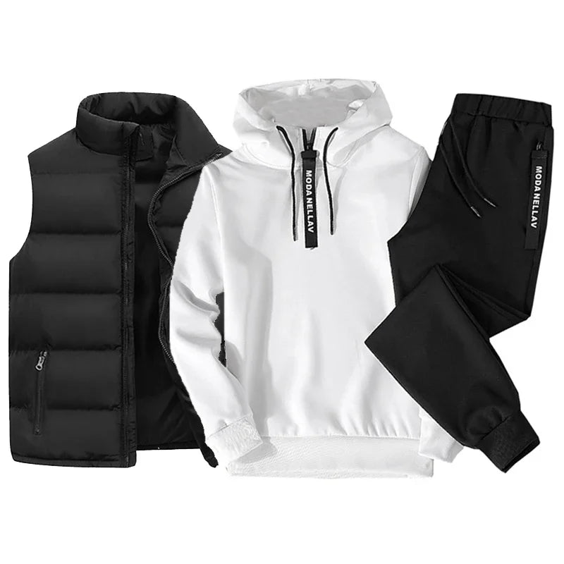 Mens Tracksuit Suits Half zip Hooded Sweatshirt+Waterproof Down Vest+Sweatpants 3 Piece