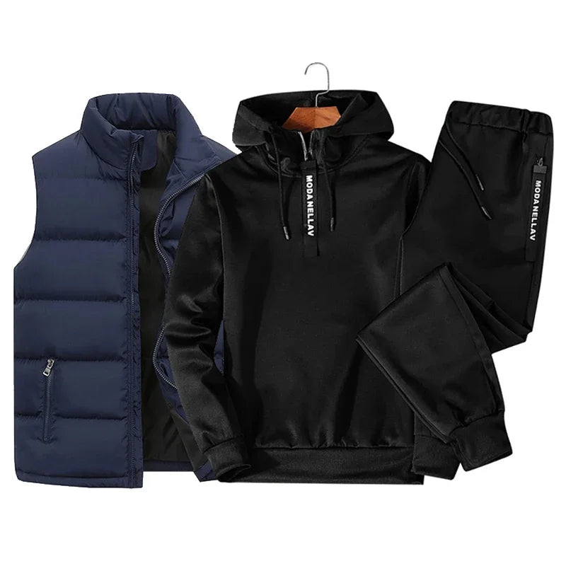 Mens Tracksuit Suits Half zip Hooded Sweatshirt+Waterproof Down Vest+Sweatpants 3 Piece