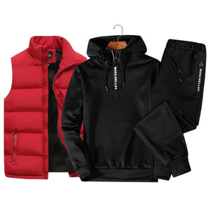 Mens Tracksuit Suits Half zip Hooded Sweatshirt+Waterproof Down Vest+Sweatpants 3 Piece