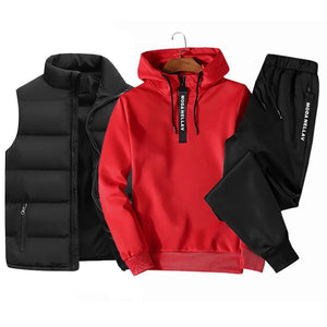 Mens Tracksuit Suits Half zip Hooded Sweatshirt+Waterproof Down Vest+Sweatpants 3 Piece