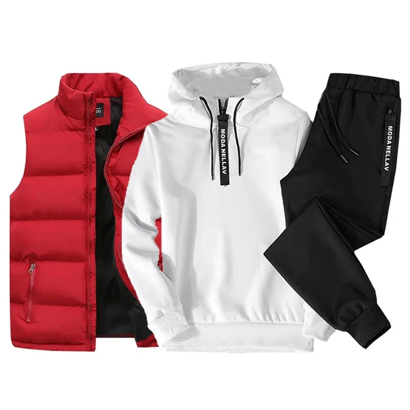 Mens Tracksuit Suits Half zip Hooded Sweatshirt+Waterproof Down Vest+Sweatpants 3 Piece